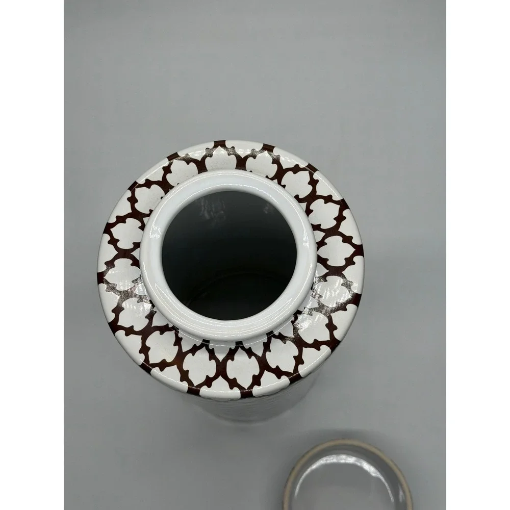 Pottery Barn Large Ceramic Decorative Canister Brown White Quatrefoil‎ 18 Inch